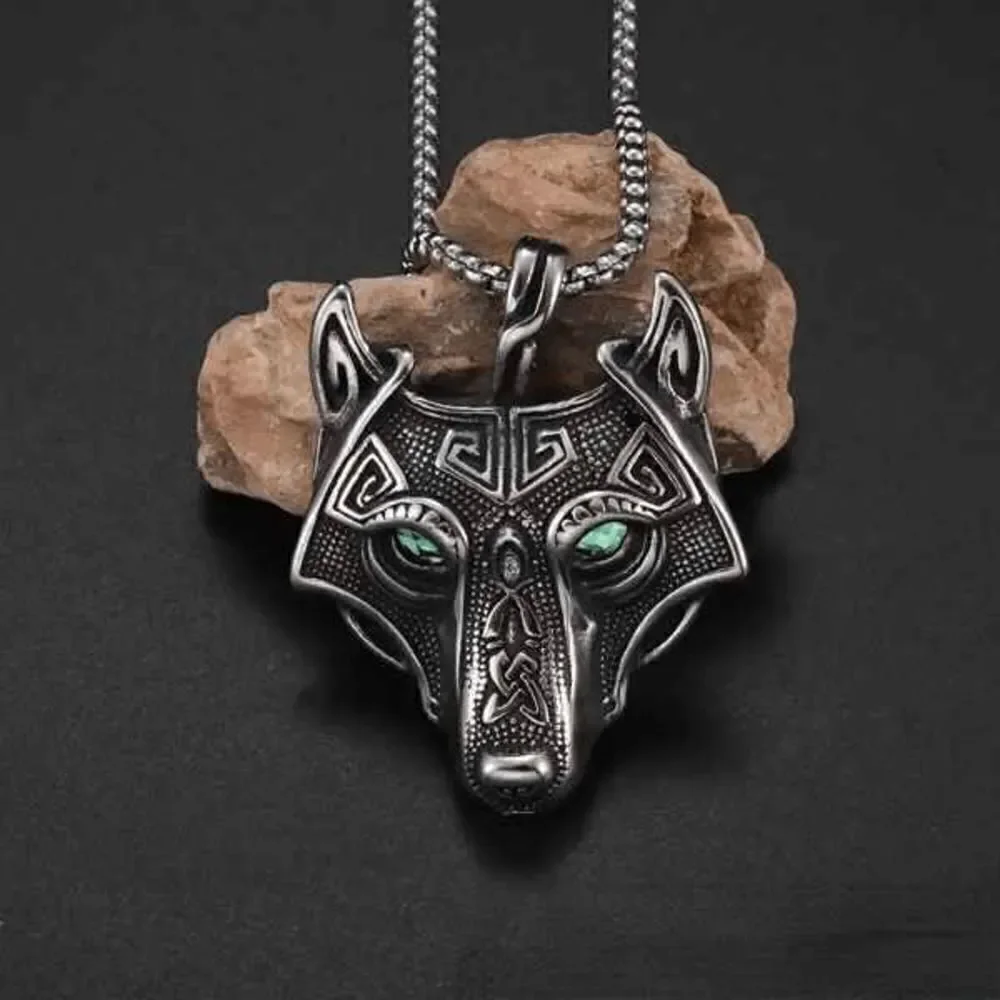 Viking Fenrir Wolf Head Stainless Steel Emerald Eye Pendant Necklace